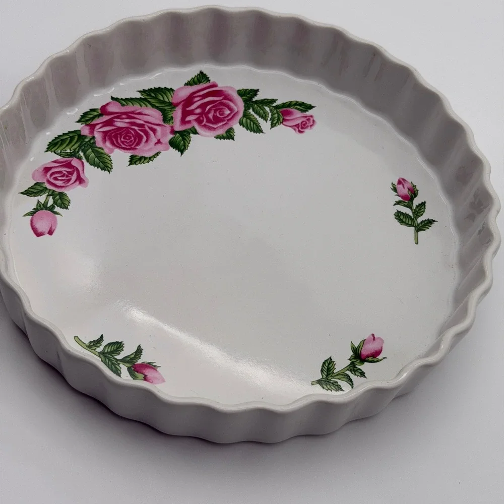 Christineholm Porcelain Quiche Tart Dish Pink Rose Fluted Round White‎ Bakeware